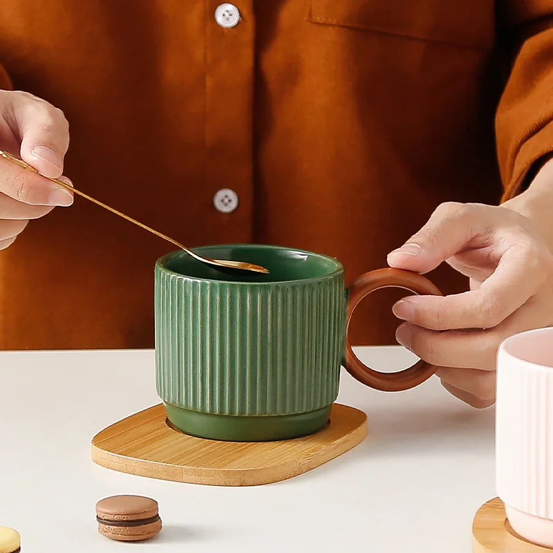 Ceramic Cup Women'S Office Coffee Cup With Bamboo Saucer With Spoon Mg-202