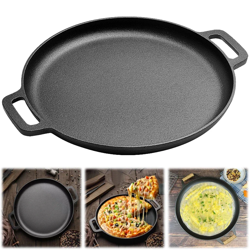 Camping Cookware Camping Cookware Set BBQ Grill Pan 30cm Cast Iron Skillet Pan Round Crepes Pizza Pan with Dual Handles Griddle For BBQ Camping Chicken Cooking Flat Pot Steak Pork