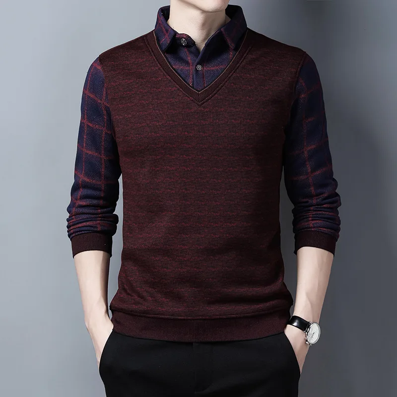 Basic Sweater Winter Fashion Men's Sweater Fleece Thickened Knitted Men Clothing Fake Two Piece Shirt + Sweaters Men's Warm Knitwear MY740