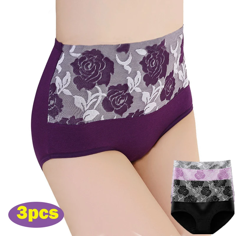 3Pcs/Lot High Waist Panties For Women Cotton Plus Size Underwear Female Print Flower Briefs Ladies Shapers