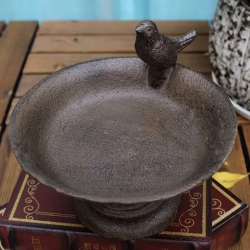 Antique Rustic Round Cast Iron Footed Bird Feeder With Bottom Base Home Garden Decor Table Heavy Metal Storage Bowl Plate Tray 4