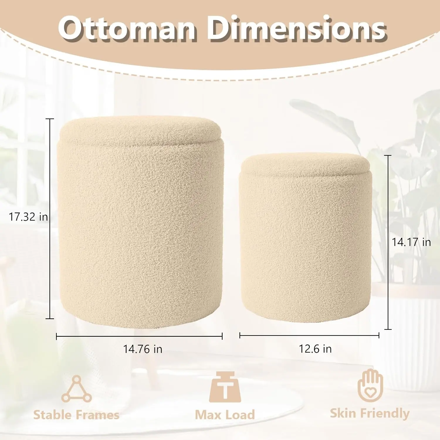 Boucle Round Ottoman with Storage Set of 2,Small Foot Stool Ottoman for Living Room, Small Coffee Table ,Vanity Stool with