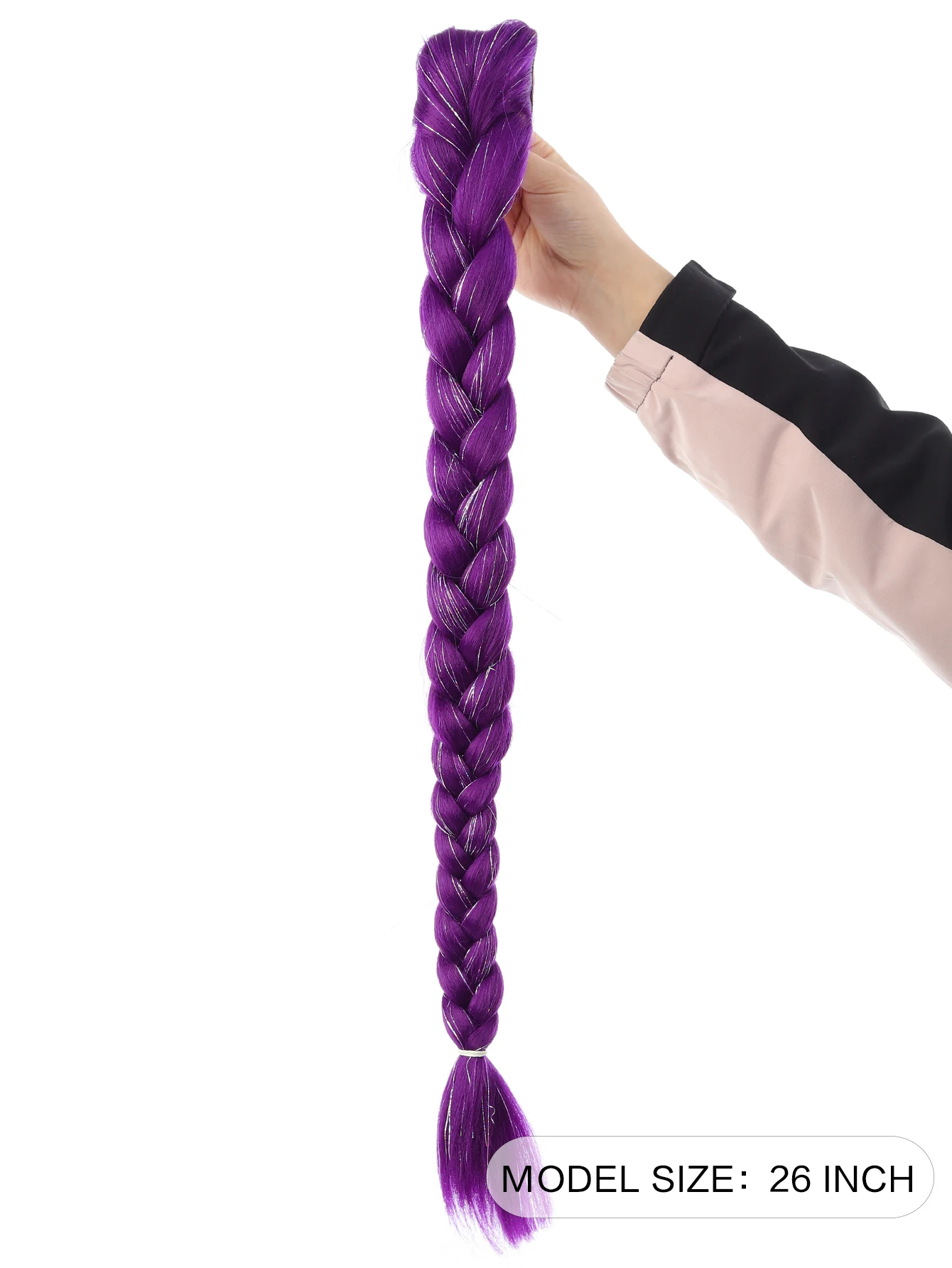 합성 포니테일 헤어 익스텐션, 글리터 브레이드, 26인치 긴 보라색 브레이드 포니테일, 코스프레 크리스마스용 이지 클립 포니테일