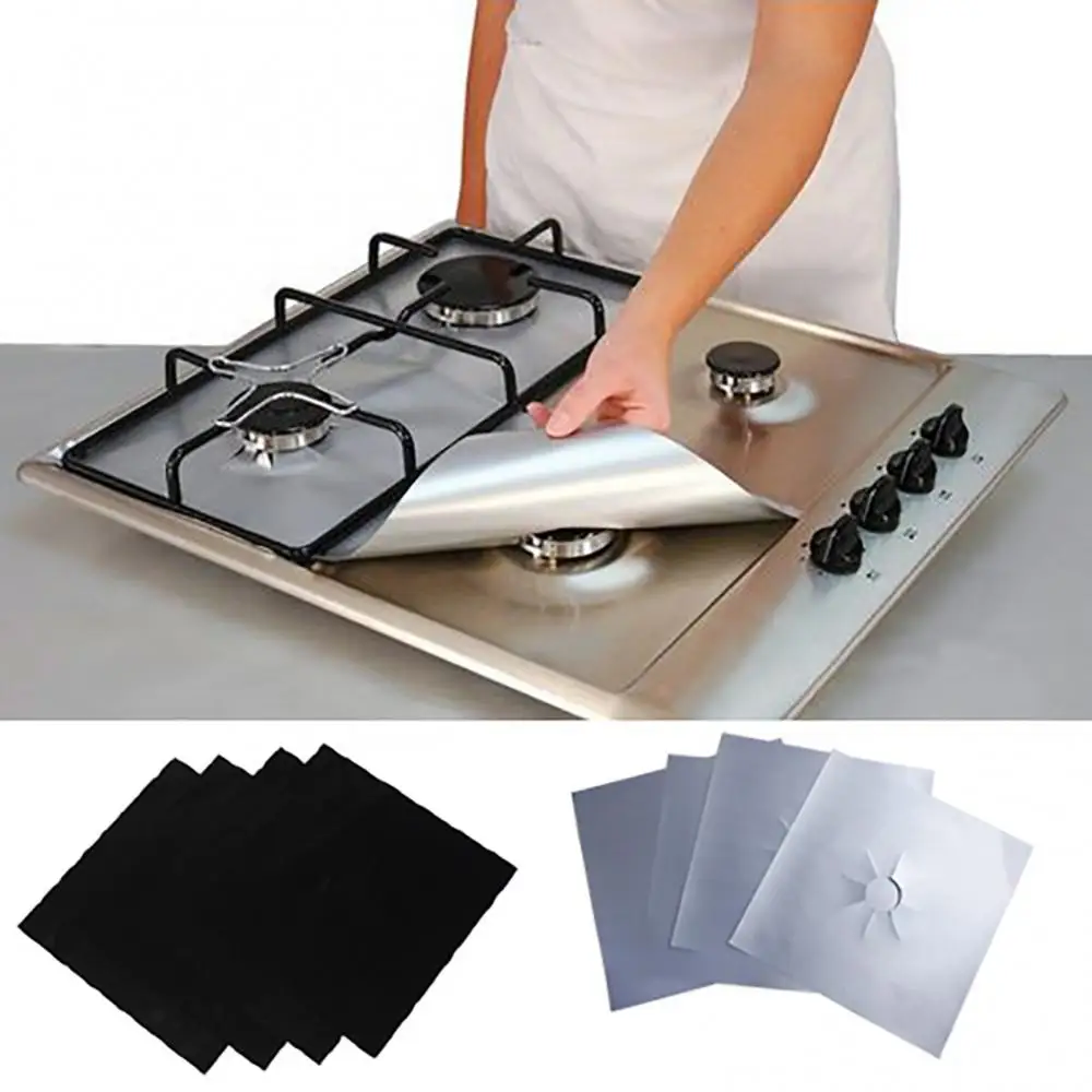 4 Pcs Gas Hob Protector Liner Square Foil Reusable Protection Pad Stove Cooker Cover Clean Mat Pad Kitchen Cleaning Accessories