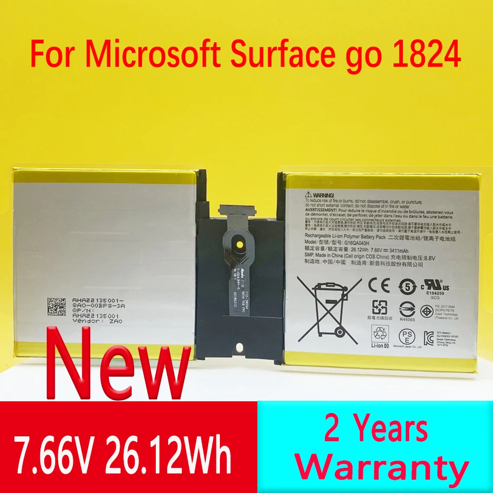 Nova Bateria do Portátil G16qa043h 3411mah para Microsoft Surface go 1824 4415y Tablet Série 2icp4 76 76 7.66v 26.12wh Alta Qualidade