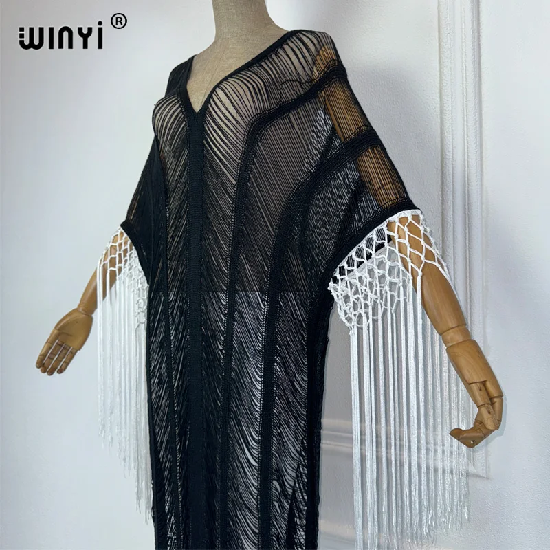 WINYI 퍼스펙티브 뜨게 할로우 코트 비치 기모노, 섹시한 원피스, 우아한 커버업 카디건, 여성용 해변 의상, 프린지 원피스