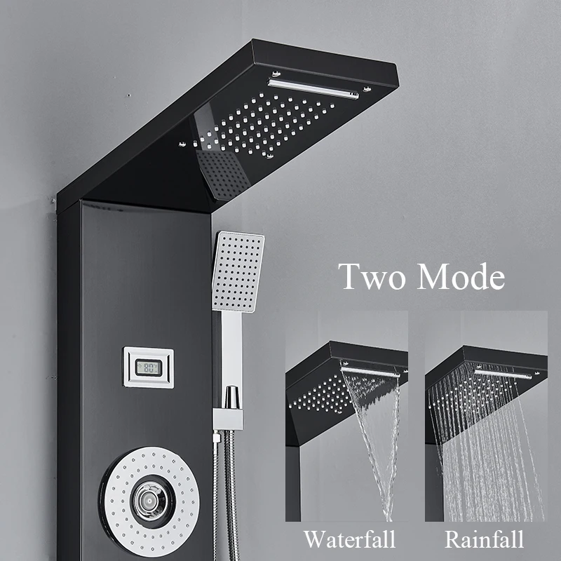 ROVATE Sistema de torre de panel de ducha con cabezal de ducha ajustable,  columna de ducha negra con 6 chorros de masaje corporal y 5 funciones,  ducha