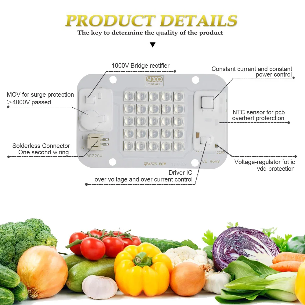 YXO Driverless LED Grow Light Chip Full Spectrum 50W COB Module AC DOB Samsung Lm283b for Indoor Plants No Driver Needed