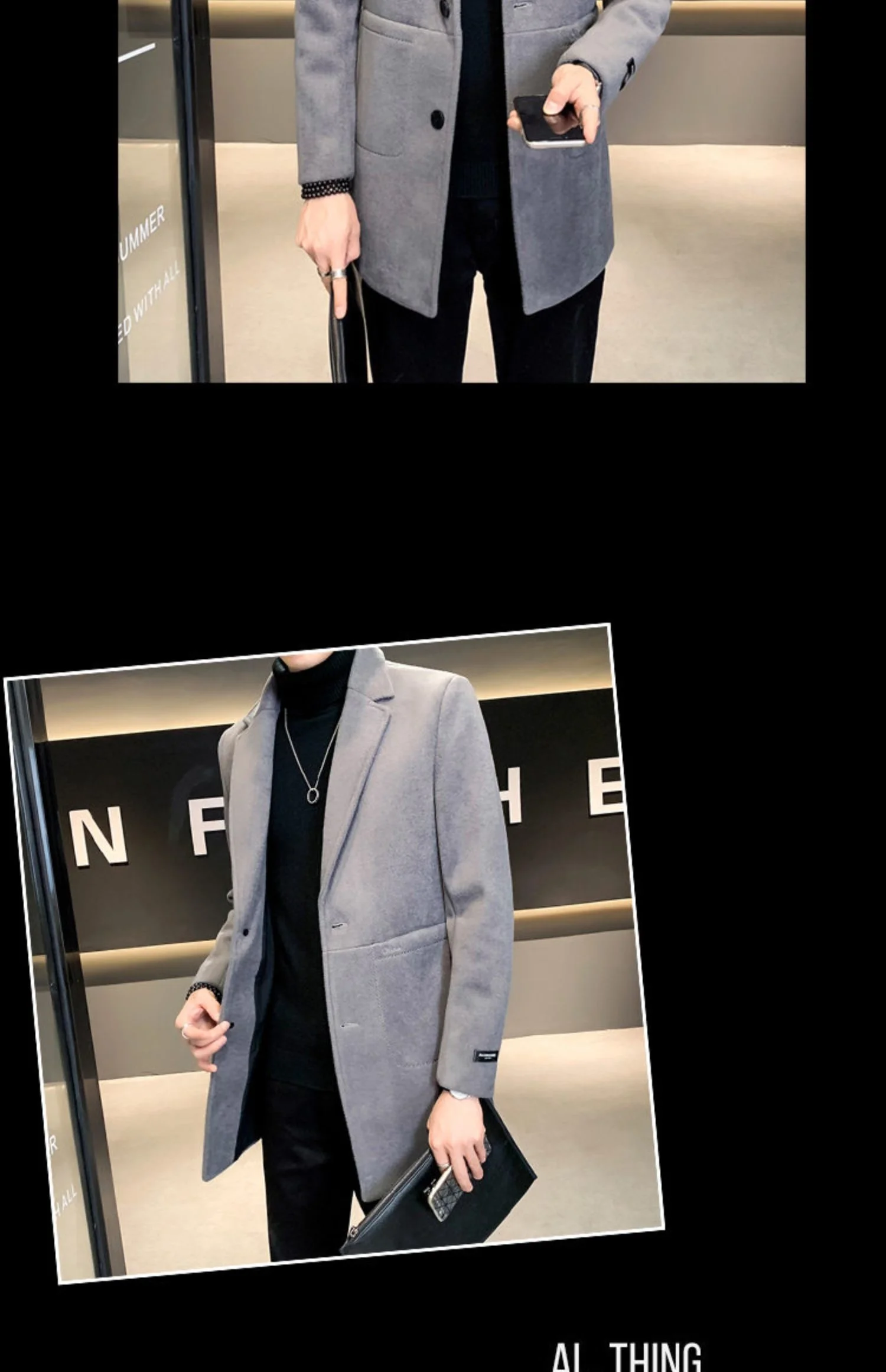 Description Picture 4 of item2023 Men's Windbreaker Jacket Autumn and Winter Wool Coat Pure Color Slim Fashion Long Woolen Large Size 4XL
