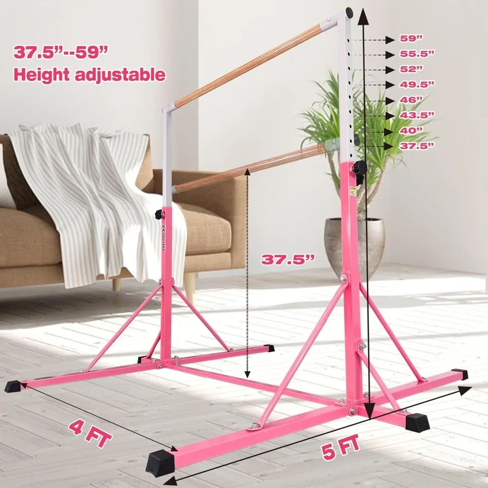 Gymnastics bar for Kids Ages 5-20, Gymnastic Training bar-Height 35.4" to 59"/45" to 71", 5FT/6FT Base Length ，Rose Red