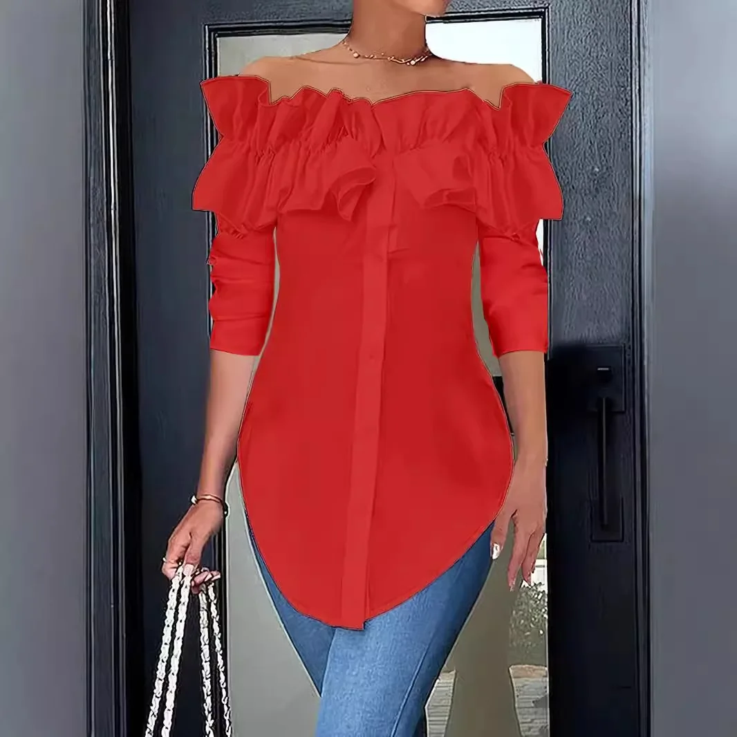 Women Long Sleeve Ruffle Button Blouse