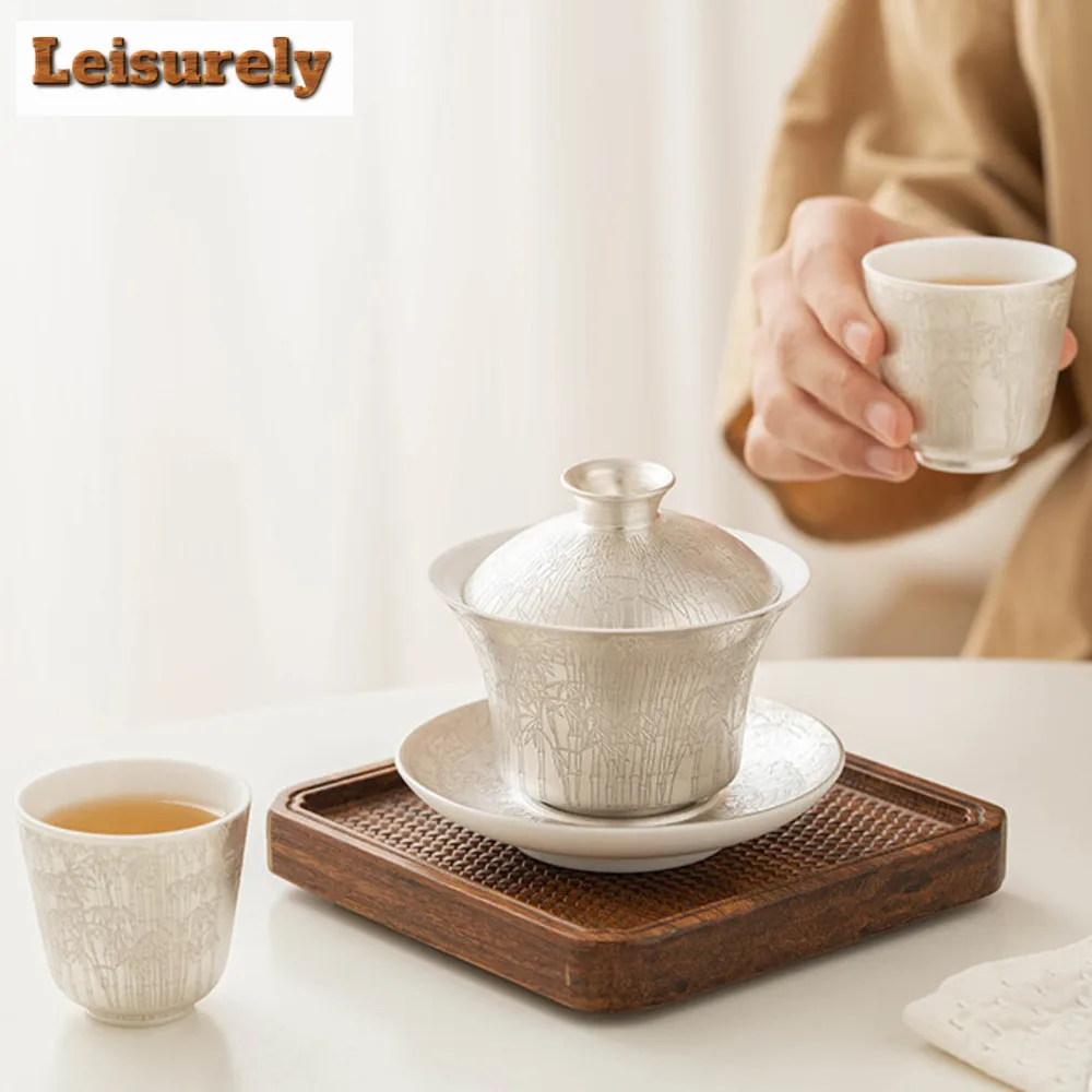 Luxury 999 Gilded Silver Green Bamboo Tea Set Complete Set Aesthetic Tea Ceremony Set Teapot And Tea Cup Set Chinese Teaset Gift