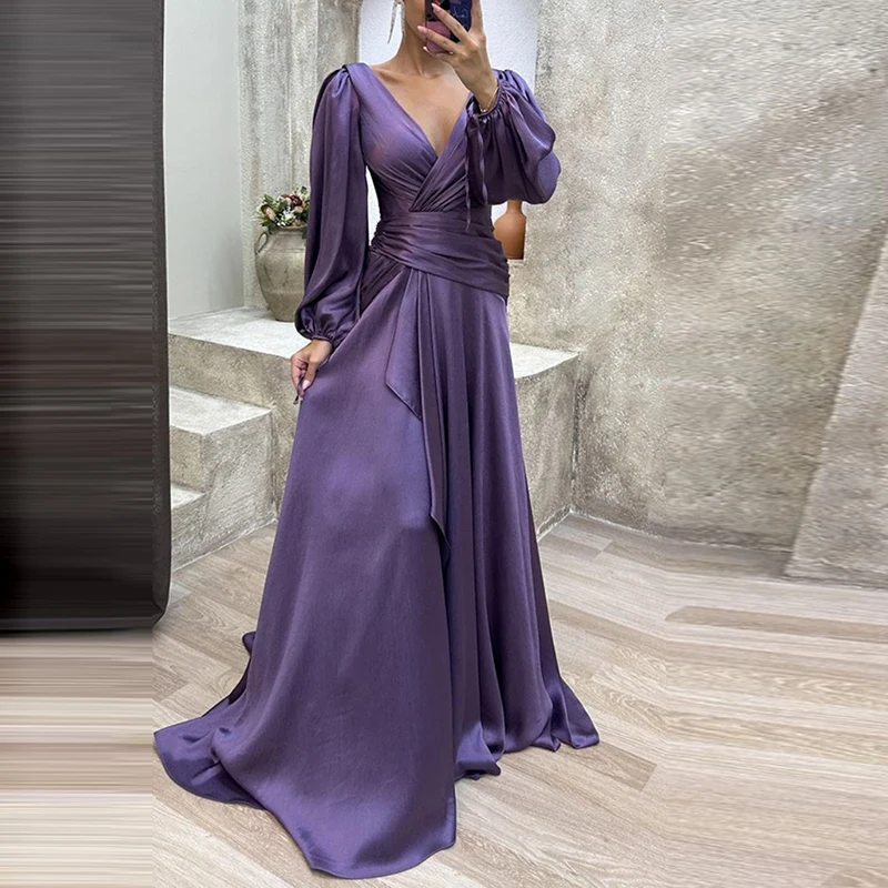 

Cocktail Full Length Women Hem Maxi Dress Luxury Female V-neck Waist Party Dress Elegant Lantern Sleeve Ruffle Satin Dresses