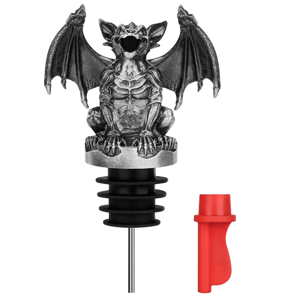 Bec Verseur Et Bouchon De Bouteille 2 En 1 Tête De Dragon - Accessoire Vin Original, Cadeau Fan De Dragons, Argent Foncé