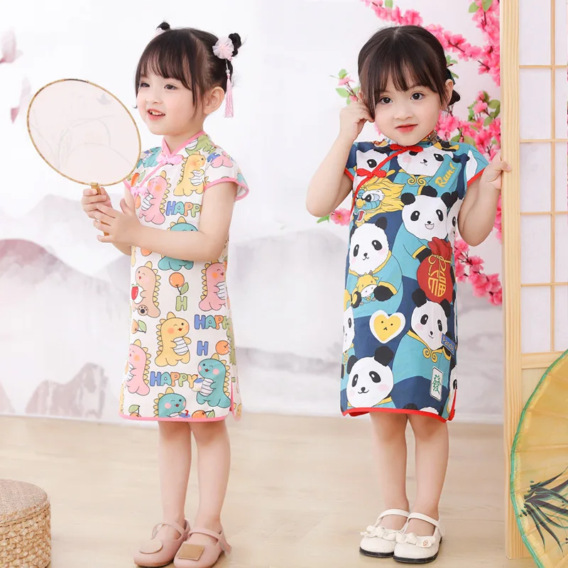 

Improved Tang Suit Spring Summer Cute Cartoon Panda Dinosaur Print Cheongsam Children's Hanfu Short-Sleeved Princess Dresses