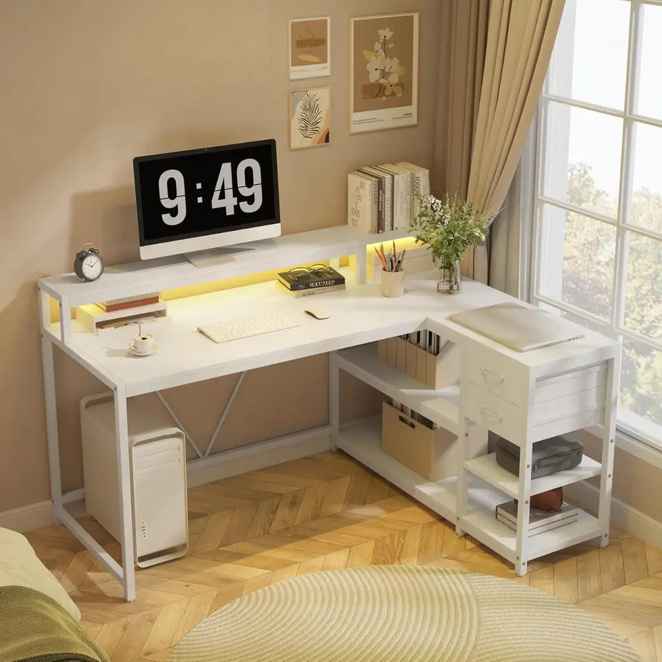 L Shaped Corner Desk with Storage and Monitor Stand