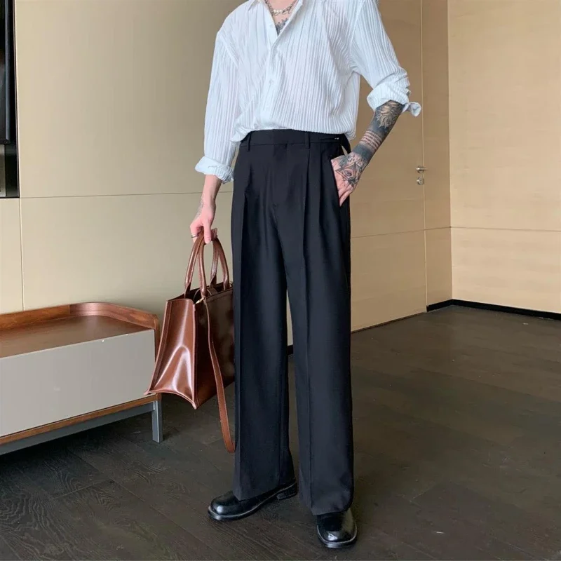 White Male Suit Trousers Wide Leg Baggy Men's Summer Pants Elegant Chinese Homme Anti-wrinkle Slacks Classic Up Vintage