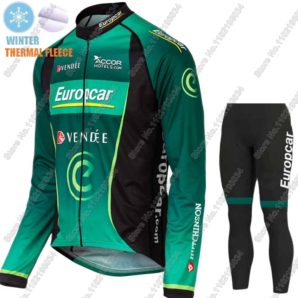 Winter Europcar Cycling Jersey Set Men Long Sleeve Green Thermal Fleece Clothing Suit MTB Bike Road Pants Bib Maillot