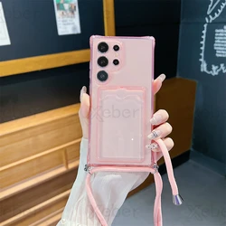 Luxury Clear Wallet Crossbody Necklace Strap Case - Elegant Card Bag Cover - Samsung S22Ultra (Pink)