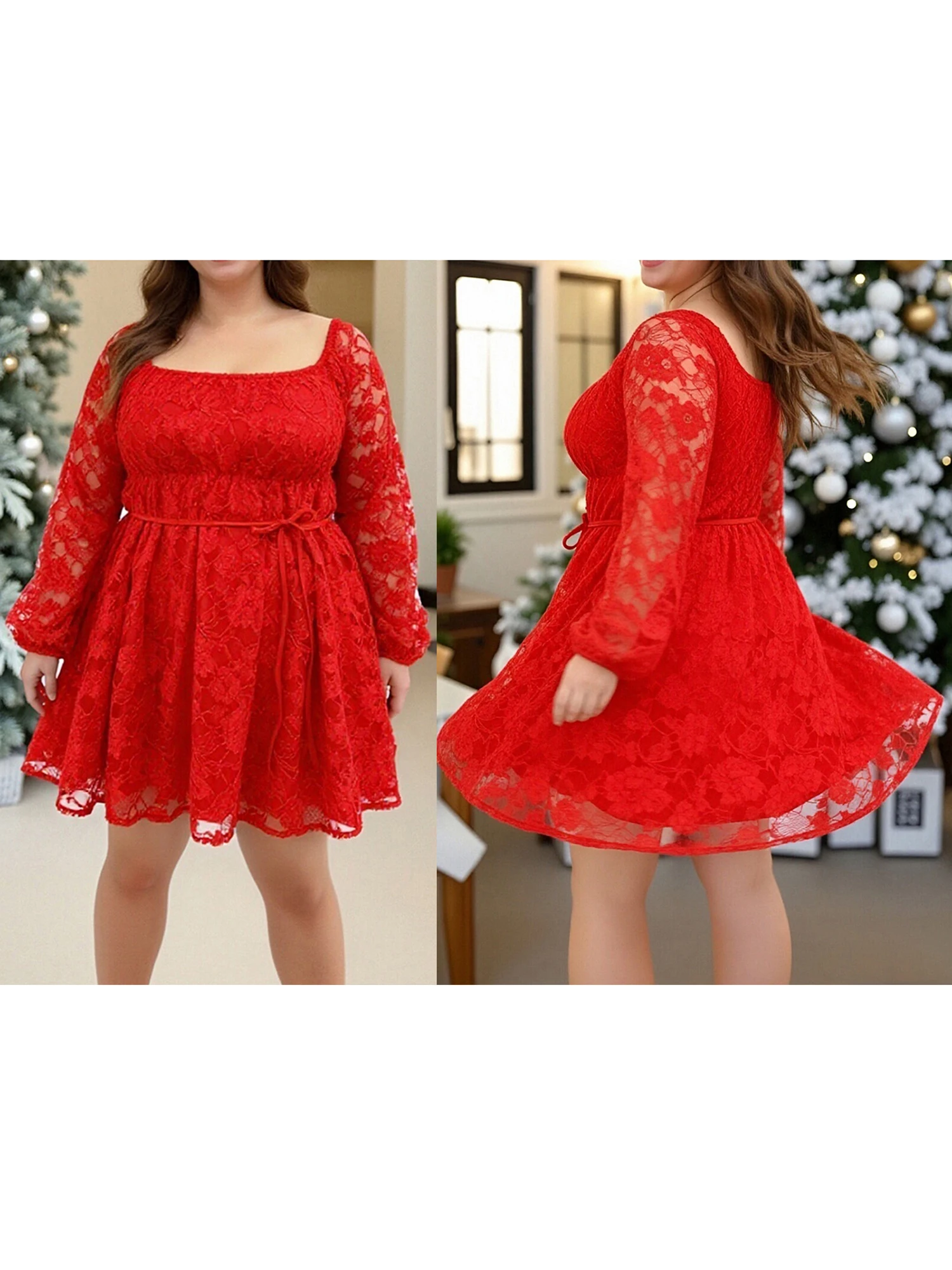 Elegant Women s Plus Size Long Sleeve Dress with Square Neckline Lace Trim Hem and Sequin Detailing for Autumn
