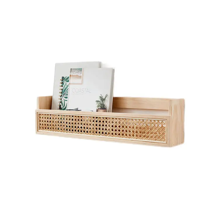 

High-quality nordic wooden wall mount shelf rattan wall shelf Decorative Wood Rattan Wall Display Rattan Shelves