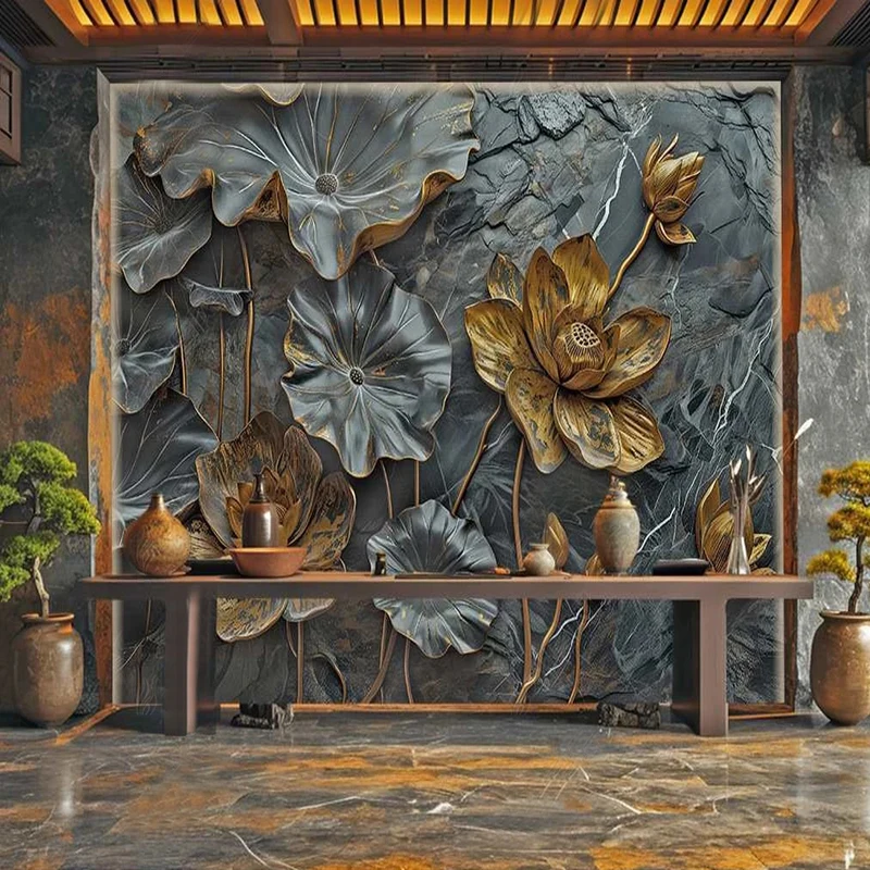Papel de Parede Mural Personalizado Avançado Black Gilt Lotus Leaf Art Textura de Mármore Pintura de Parede 3d Sala de Estar Quarto Decoração do Sofá Fresco