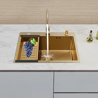 Gold Kitchen Sink,Rectangular Sink Single Bowl Sink with Draining Basket&Gold Soap Dispenser&Gold Faucet 60*45CM 3