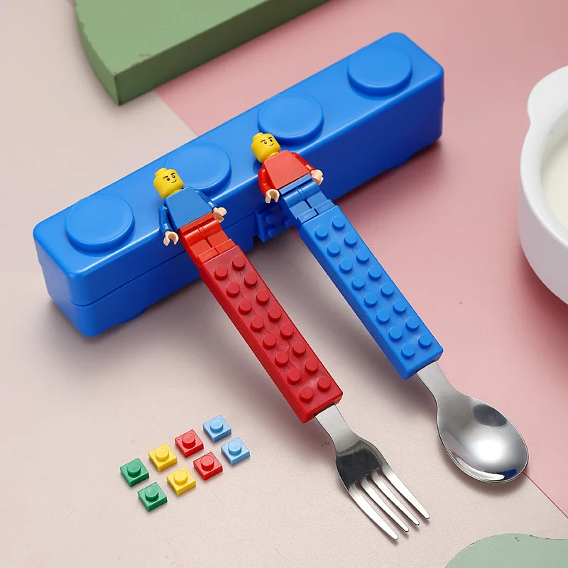 304 Stainless Kids Funny Fork Spoon Set Children Building Block Toys Cartoon Steel Tableware Portable Storage Jigsaw Puzzle Toys cutlery set western style cutlery set picnic cutlery set stainless steel cutlery set picnic tableware camping cutlery set wooden cutlery set ceramic dinnerware set