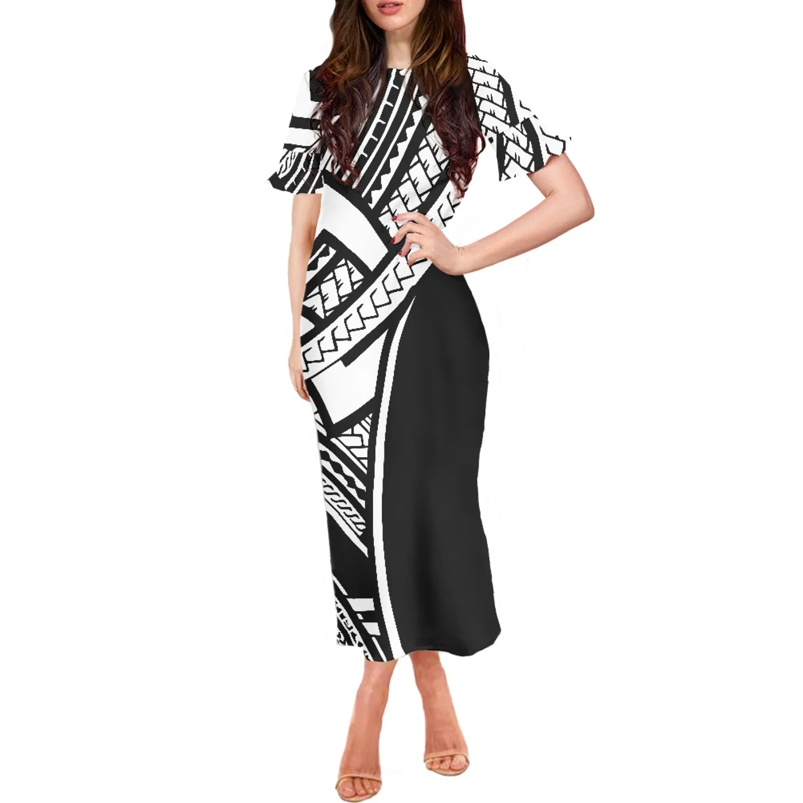 

Hawaii Polynesian Tribal Short Sleeve Clothing Summer Black And White Party Dress Samoa Sexy Women Tattoo Printing Maxi Dress