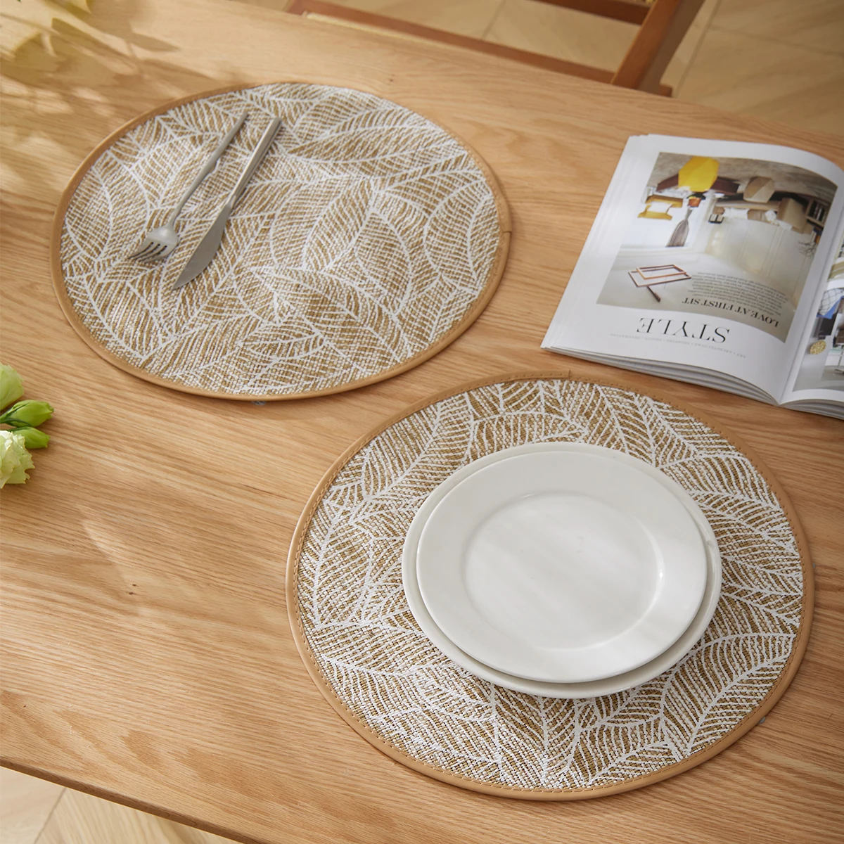 2/4/6/8pcs Bohemian Jute Printed Placemats with Faux Leather Edges, Heat Insulation Mats, Decorative Mats - 3