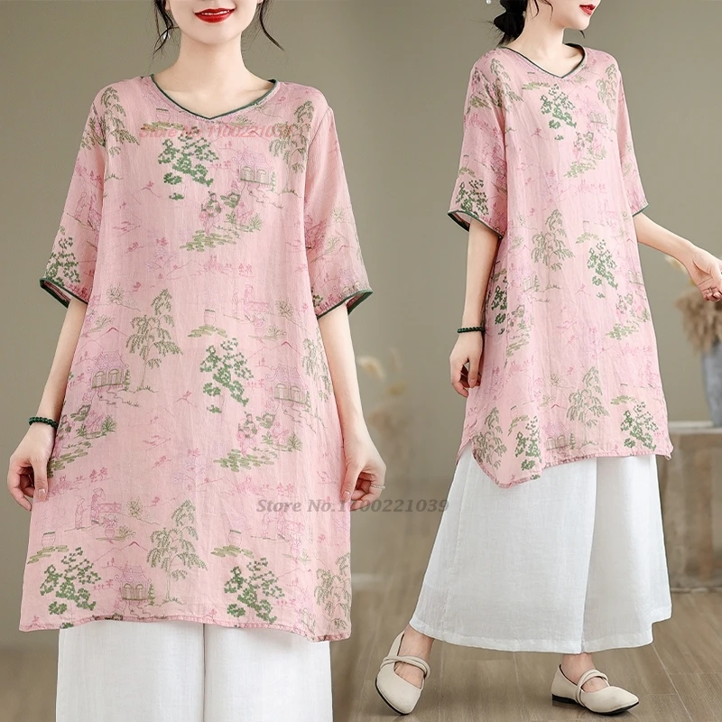 

2024 китайская Улучшенная женская блузка с национальным цветочным принтом