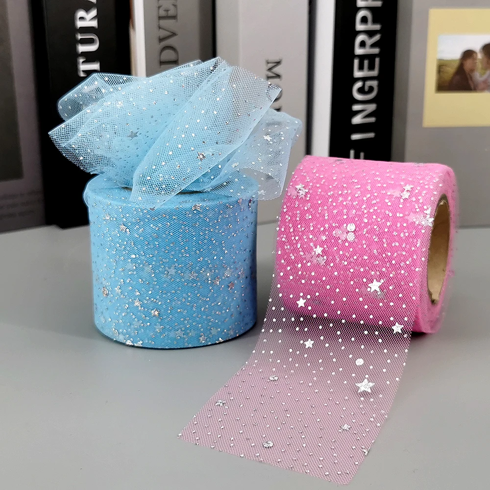 6cm 25yards Tulle Rolls Silver Star Moon Organza Ribbon Film