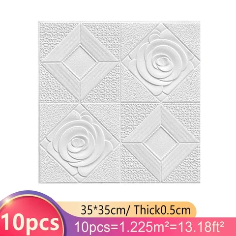 

10 Pieces Self-adhesive Waterproof 3D Foam 35*35cm Wallpaper Living Room Home Decor Wall Sticker Wall Panel Ceiling with Rose P