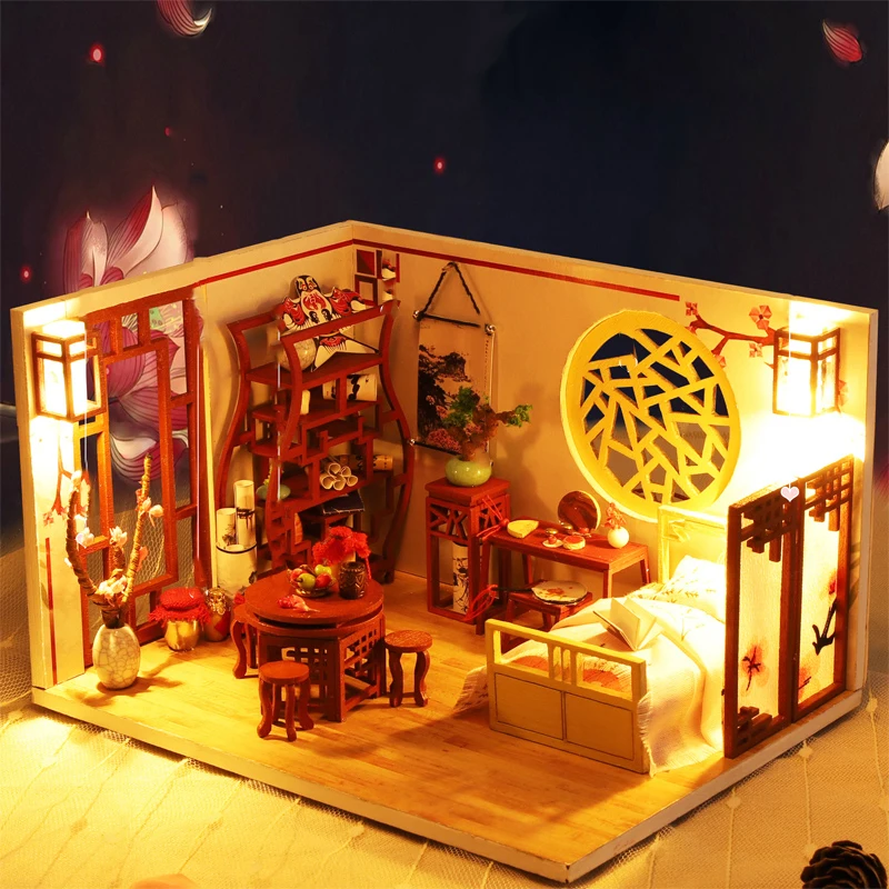 DIY 나무 인형 집 미니어처 건물 키트, 가구 조명 포함, 중국 고대 카사 조립 인형 집, 소녀용 선물