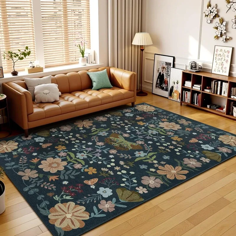 Green Living Room Carpet Large Area Retro Floral Print Bedroom Rugs Machine Washable Non-slip Sofa Coffee Table Mats Alfombra 러그