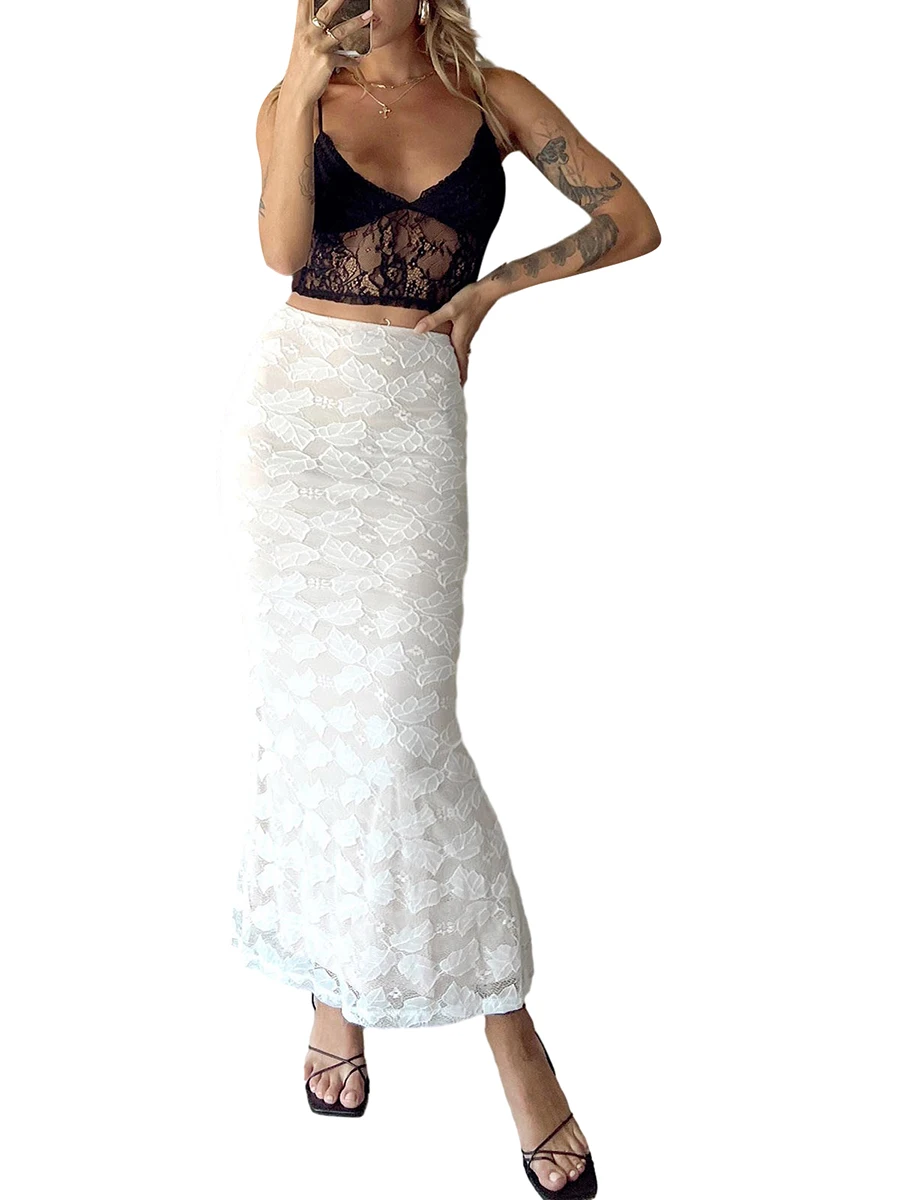 

Women s Elegant Floral Lace Maxi Skirt with Elastic Waistband for Summer White Sheer Overlay and Fitted Pencil Silhouette