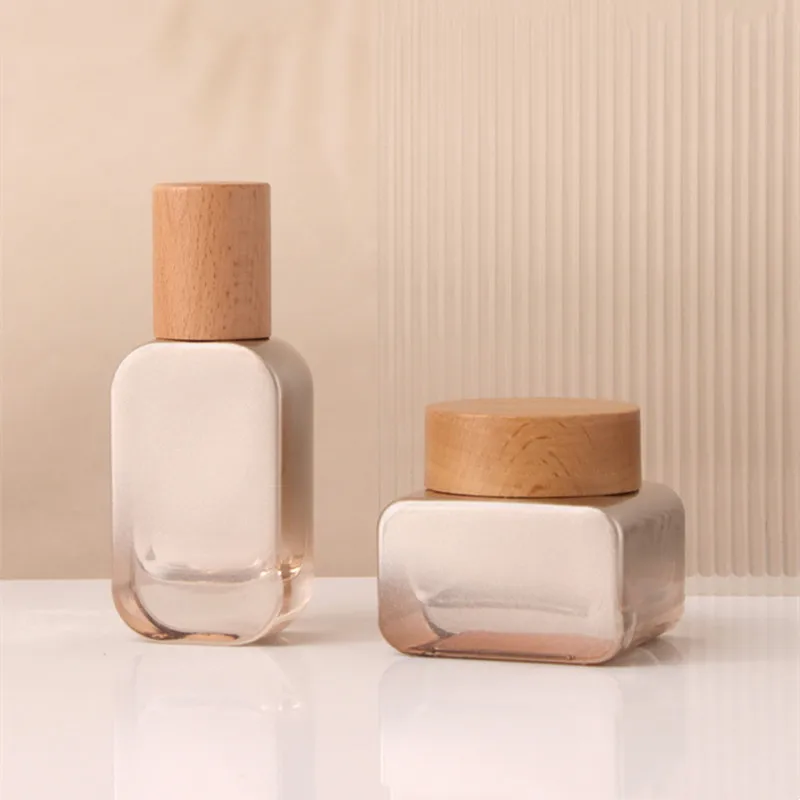 6pcs 30/50g Glass Cream Jars and 30-120ml Lotion Pump Bottles with Elegant Wooden Caps ... - SKU CBGS1131 - UGI Packaging