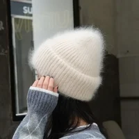 Winter Rabbit Fur Beanies Hat Soft Warm Fluffy Hats for Women Angora Knitted Skullies Beanies Female Bonnet warm Knit Cap