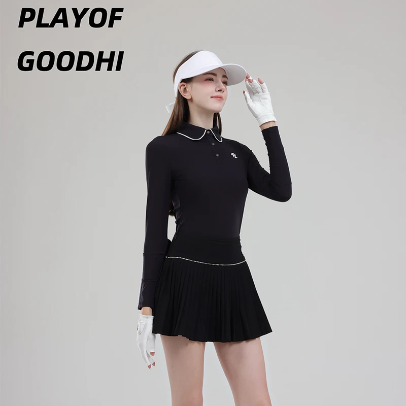 Female Golf Clothing Long Sleeve Golf T-shirt Women Polo Collar Tops High-waist Pleats Skirt Golfer Skorts with Inner Short