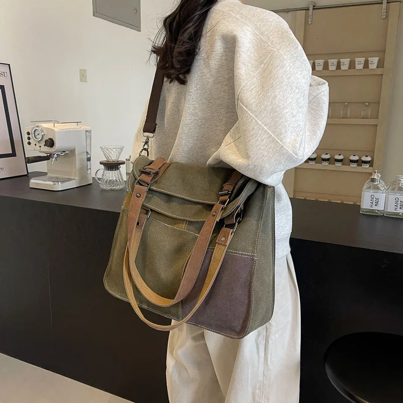 Vintage Tote Canvas Shoulder Bag Casual Large Capacity Handbag Splicing Style Unique Design Casual Trend Personality All-match