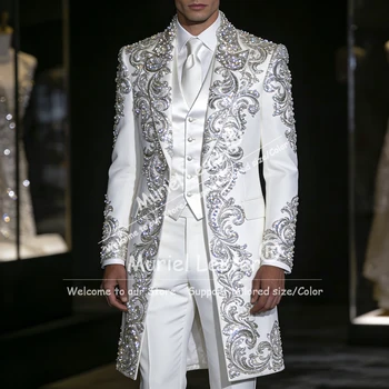 Cristalli con perline brillanti Abiti da uomo Abbigliamento Lungo personalizzato Giacca monopetto Gilet Pantaloni Set da 3 pezzi Smoking da sposo