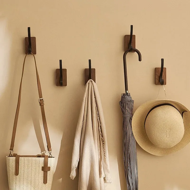 Self-adhesive Solid Wooden Hook Walnut Key Decorative Towel Holder Hook Door Hanger Wall Coat Rack Kitchen Bathroom Organizer 3