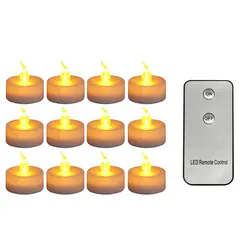 Set of Flickering Yellow LED Tea Light Candles - Battery Operated Flameless Votives (12 pieces)