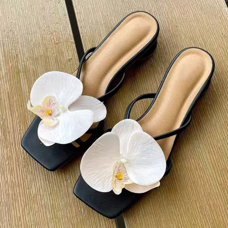 Brand Shoes Female 2025 Summer New Elegant Flowers Design Women's Slippers Casual Fashionable Outer Wear High Heel Slides Women — view 3