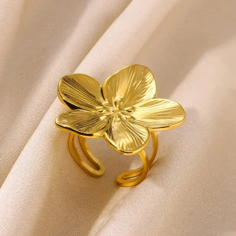 Exaggerated Big Bloom Flower Metal Rings for Women French Elegant Stainless Steel Gold Color Finger Rings Wedding Jewelry Gifts - Image 3