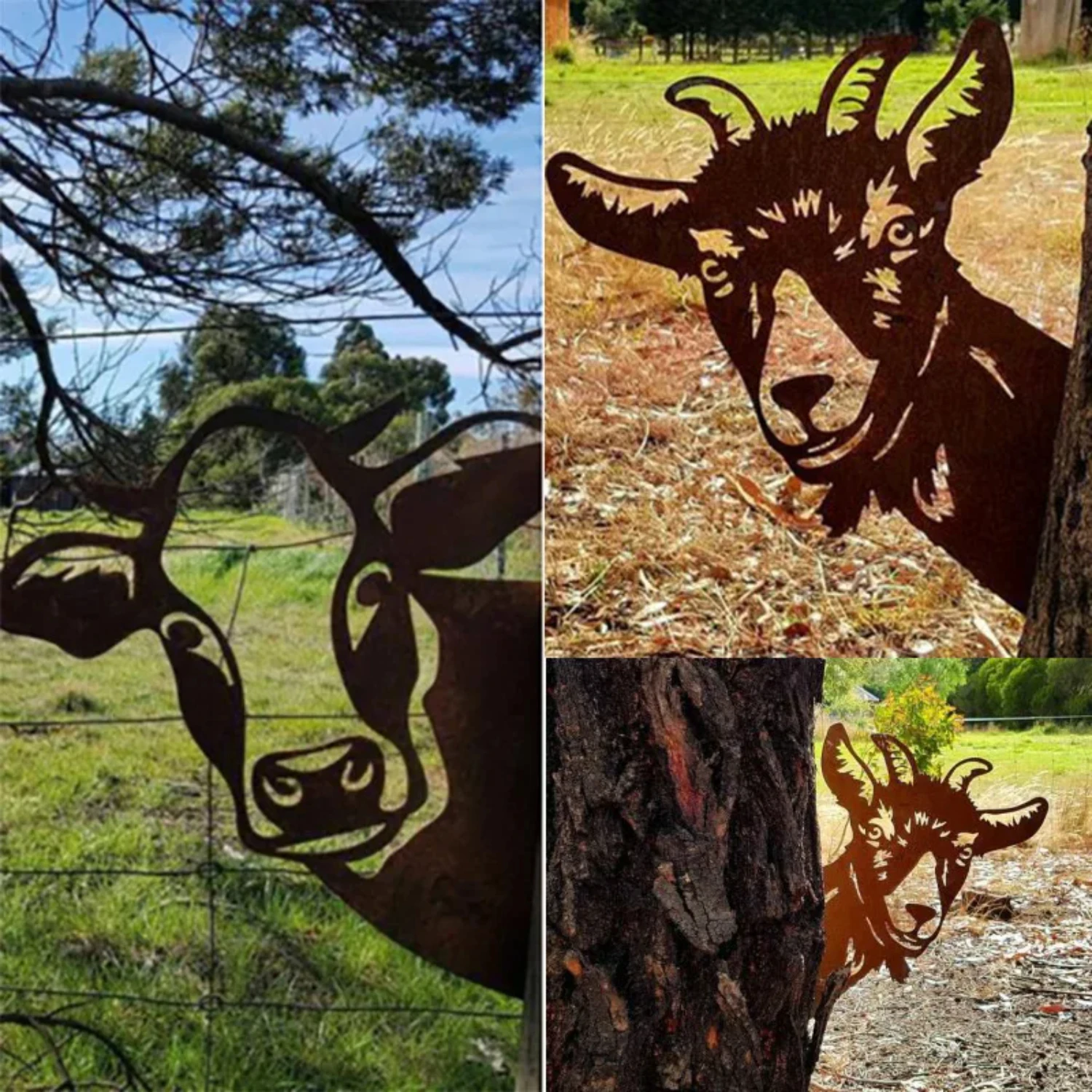 Metal Peeping Cow Outdoor Garden Ornaments Art Farm Yard Wall Tree Pendant Cattle sheep Decoration Garden Statues Sculptures