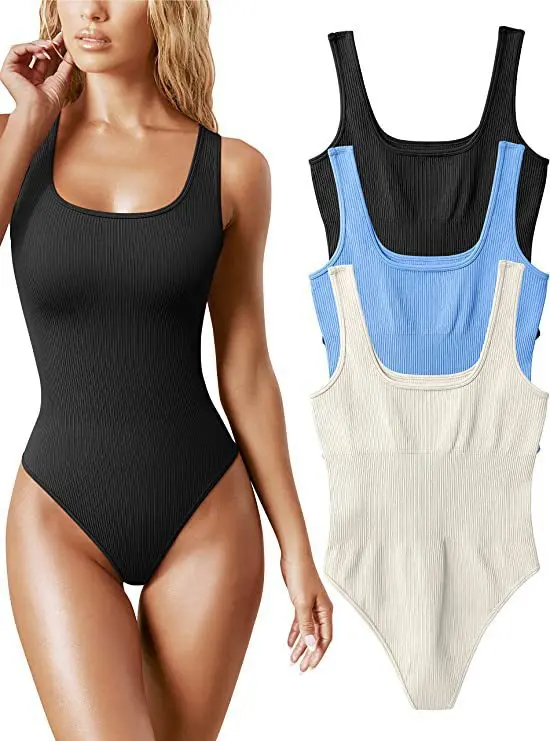 

Seamless Sculpting Bodysuit Shapewear Women Square Neck Tummy Control Thong Body Shaper Sexy Ribbed Tank Tops Slimming Jumpsuit