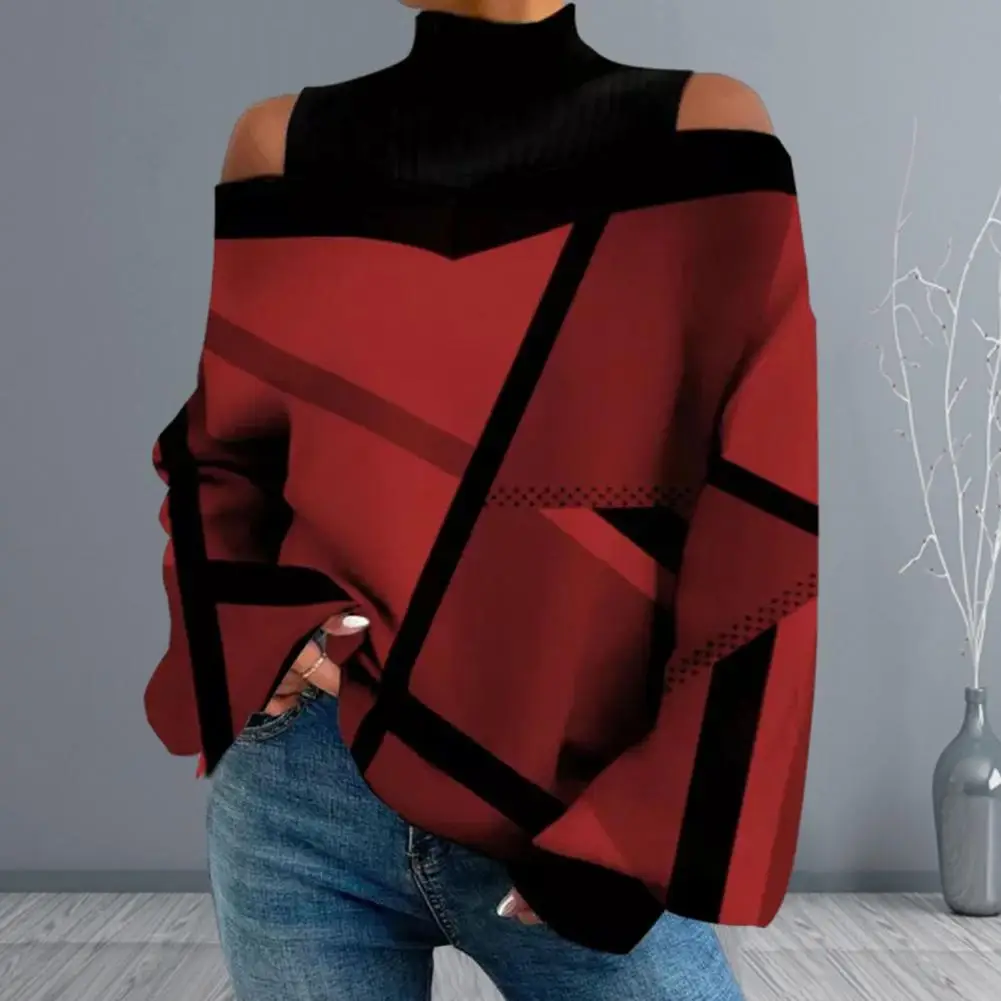 

Women Loose Top Geometric Print Off Shoulder Pullover Stylish Women's Loose T-shirt Blouse for Fall Spring Off-shoulder Top