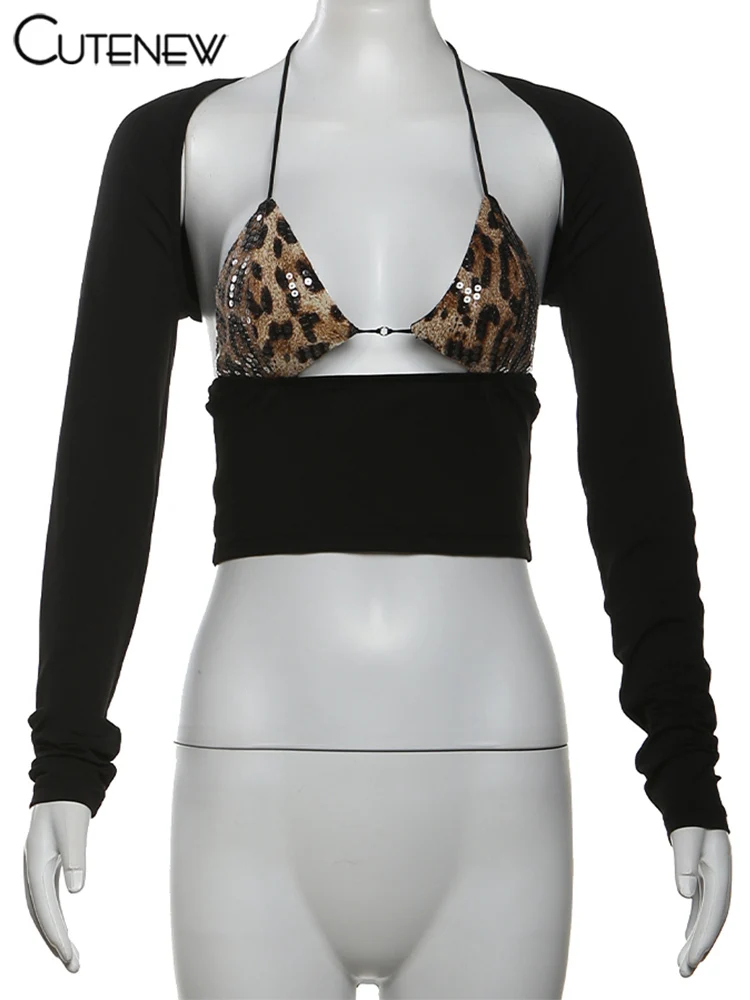 Unique 2 Piece Tops Stacked Sexy Halter Bandage Inside Bikini+Short Sleeve Hollow Crop Tees Female Hipster Nightout Wear