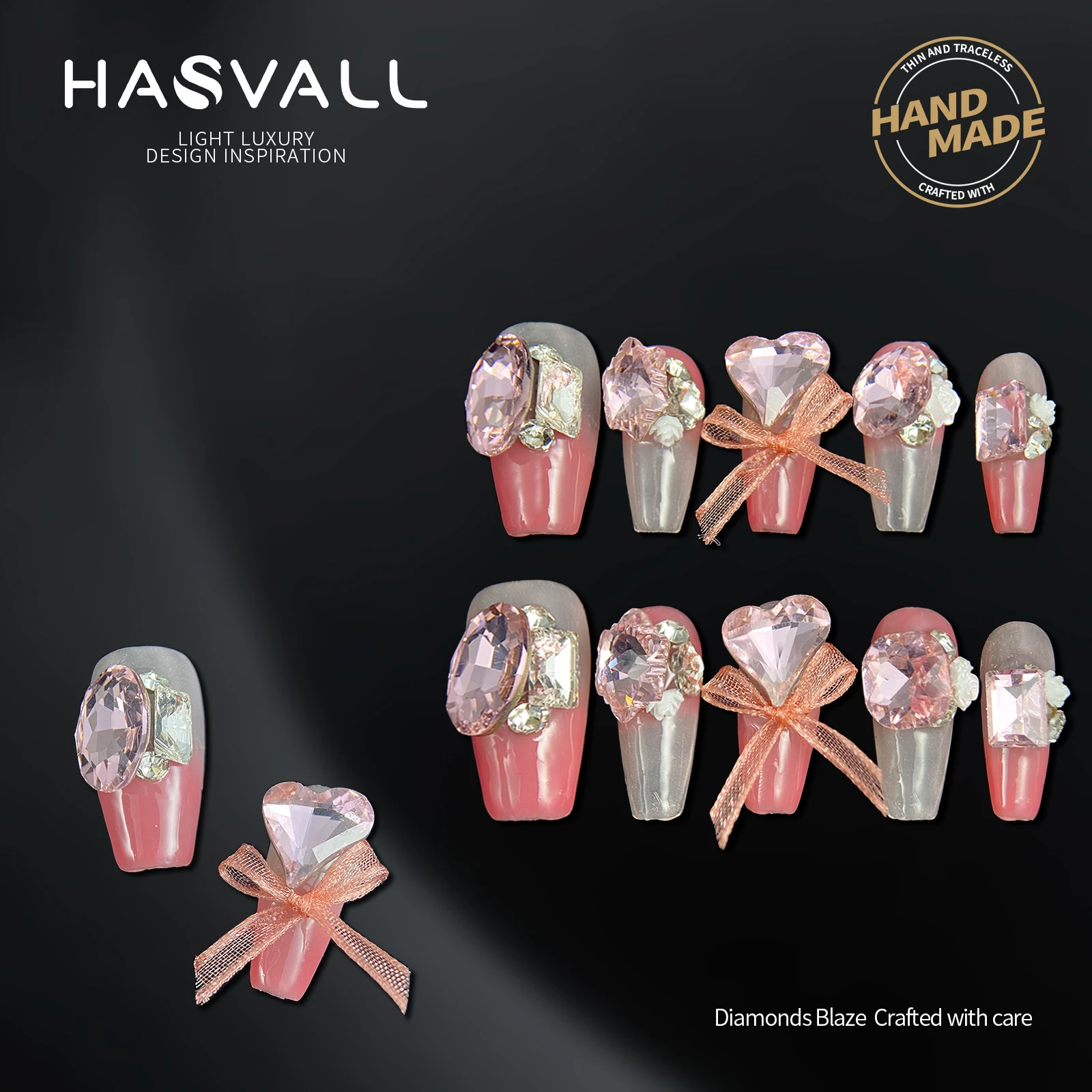 

HASVALL PInk False Nail Tips Handmade Medium Coffin Ballerina 3D Butterfly Popular Charm Design Press On Nails Manicure 10 Pcs